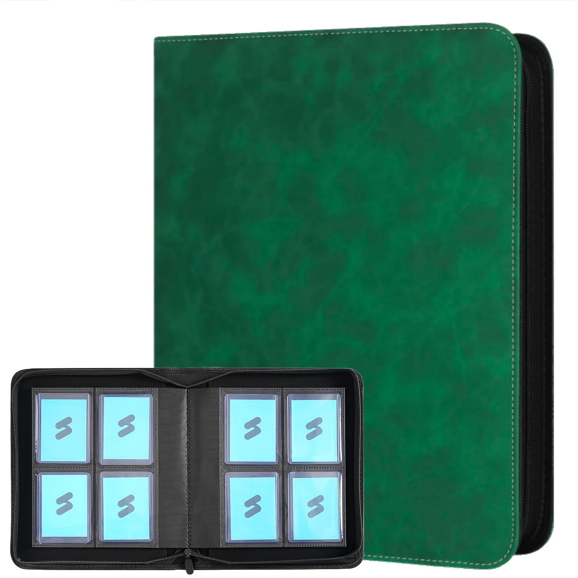 Top-Loader Binder Holds 112 Top Loaders – 4-Pocket 3x4 Rigid Card Holder Binder for Trading Cards & Sports Cards – Zippered Hard Cover Card Storage & Display Album – Green Gray Blue Red Black