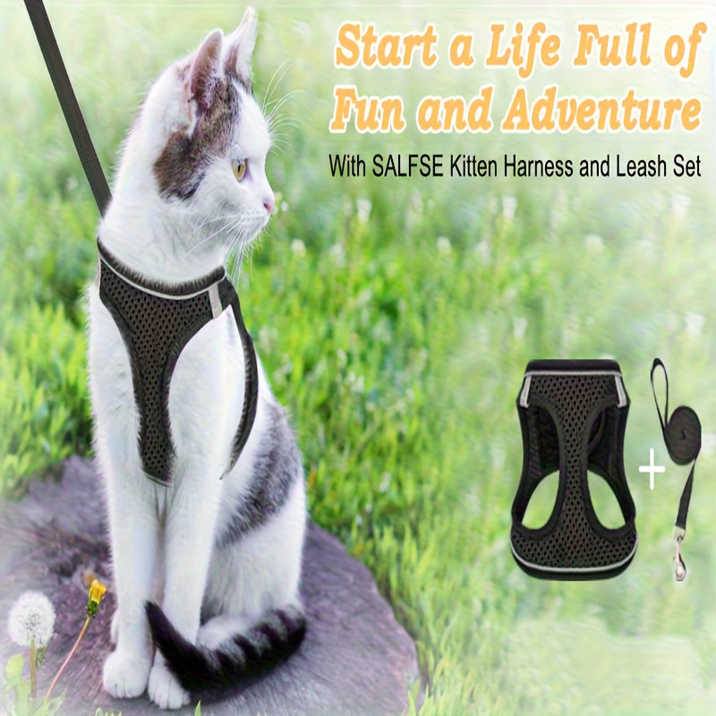 Escape Proof Cat Harness and Leash Set for Walking - Adjustable Reflective Soft Mesh Vest for Cats Kittens Small Dogs S M Black Grey Comfortable Outdoor Adventure Pet Gift