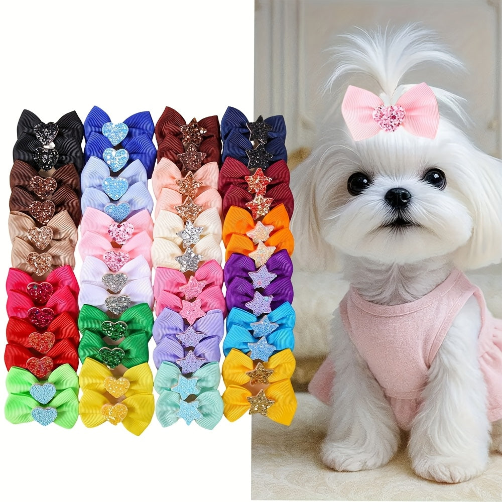 Dog Bow Hair Clips 24pcs Assorted – Cute Glitter Heart & Star Grooming Hair Accessories for Small Dogs & Puppies, Mixed Color Random Styles Pet Hair Bows