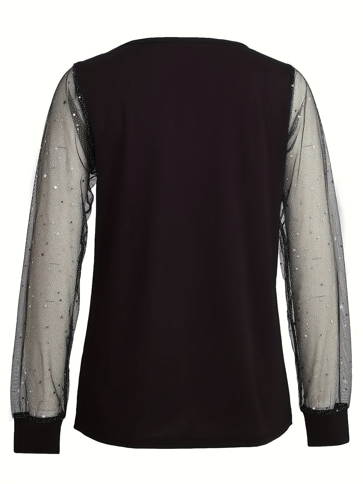 Women's Elegant Sequin Lantern Sleeve Blouse Solid Color Mesh Lace Trim Round Neck Stretchy Top 95% Polyester Spring Summer Fall S-XXL