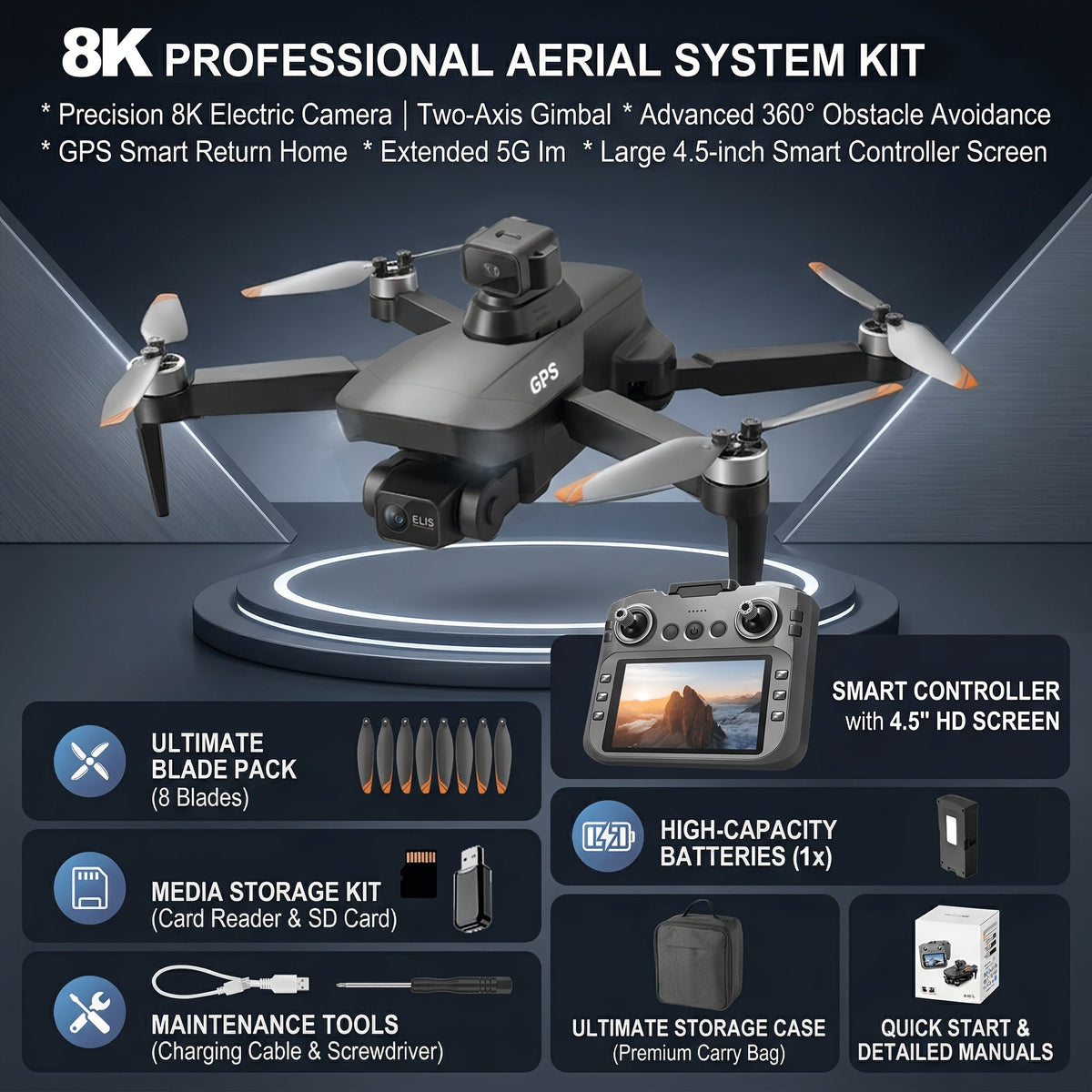 Pro 8K EIS Drone with 2-Axis Mechanical Gimbal, Optical Zoom, 5G Transmission, 4.5" Screen Remote, 40-Min Battery Life, 11811ft Control Range – Professional Aerial Camera Drone for Adults