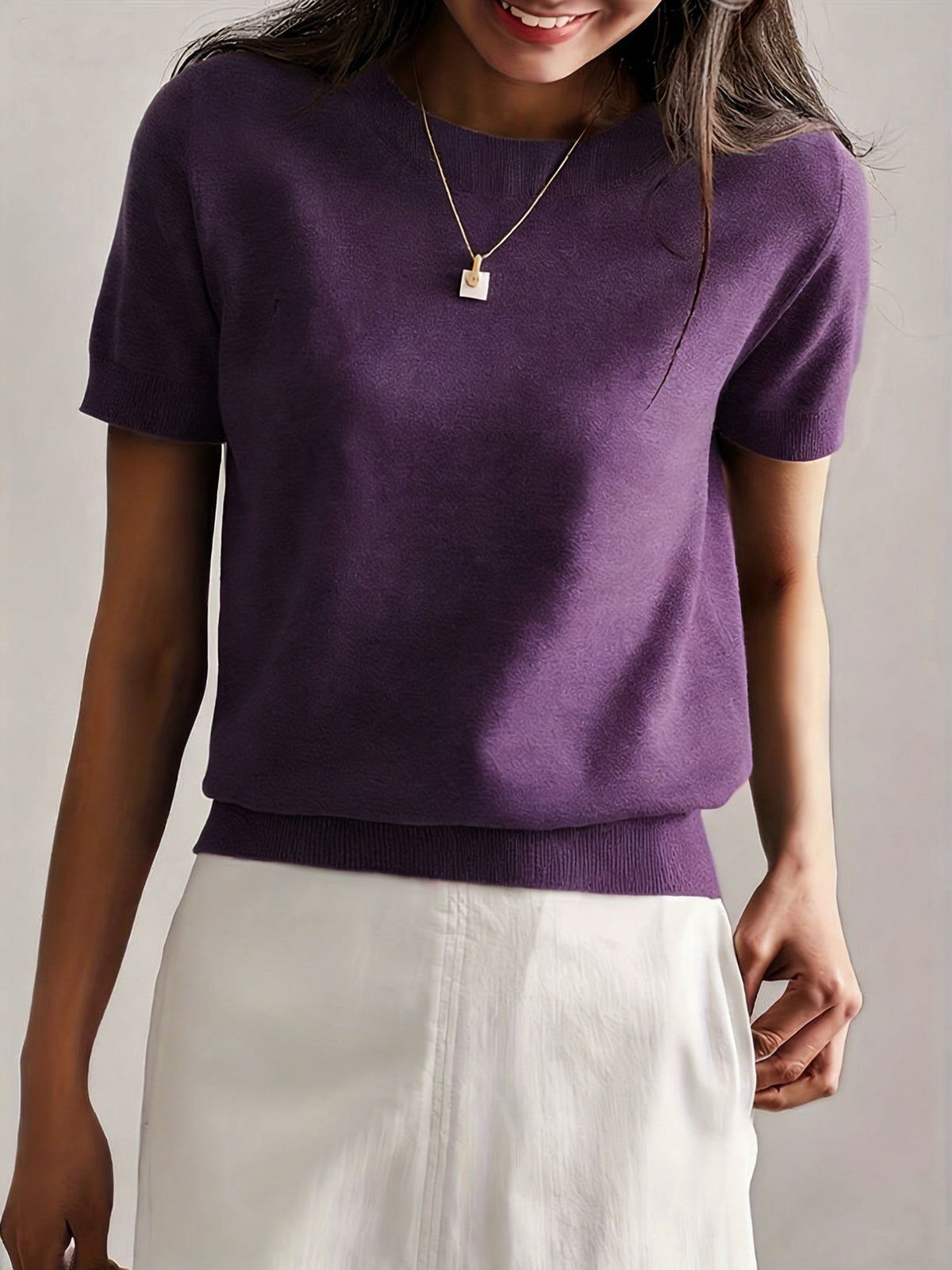 Women's Minimalist Solid Color Short Sleeve Pullover Top Round Neck High Elasticity Knit Tee - Casual Lightweight Everyday Basic for Spring Summer Outdoor Wear