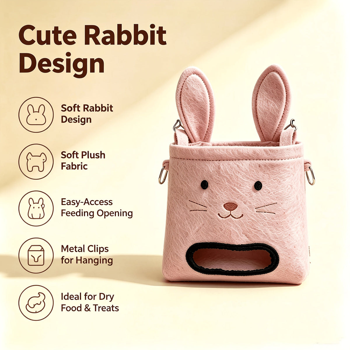 Rabbit-Shaped Hay Feeding Bag for Cage, Soft Plush Hanging Hay Bag with Metal Hook for Rabbits & Guinea Pigs, Anti-Spillage Feeding Opening Small Pet Hay Rack, Cute Cage-Side Hay Feeder Accessory
