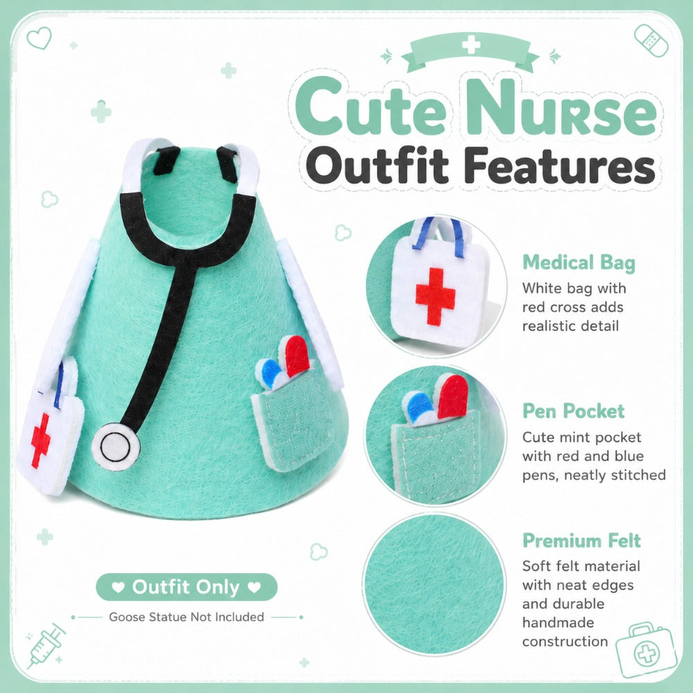 Medical Theme Mini Goose Outfit Set for 7-Inch Desktop Goose Sculpture – Felt Doctor Costume with Mint Green Hat, Stethoscope & Crossbody Bag, Funny Desk Ornament Accessory & Novelty Gift
