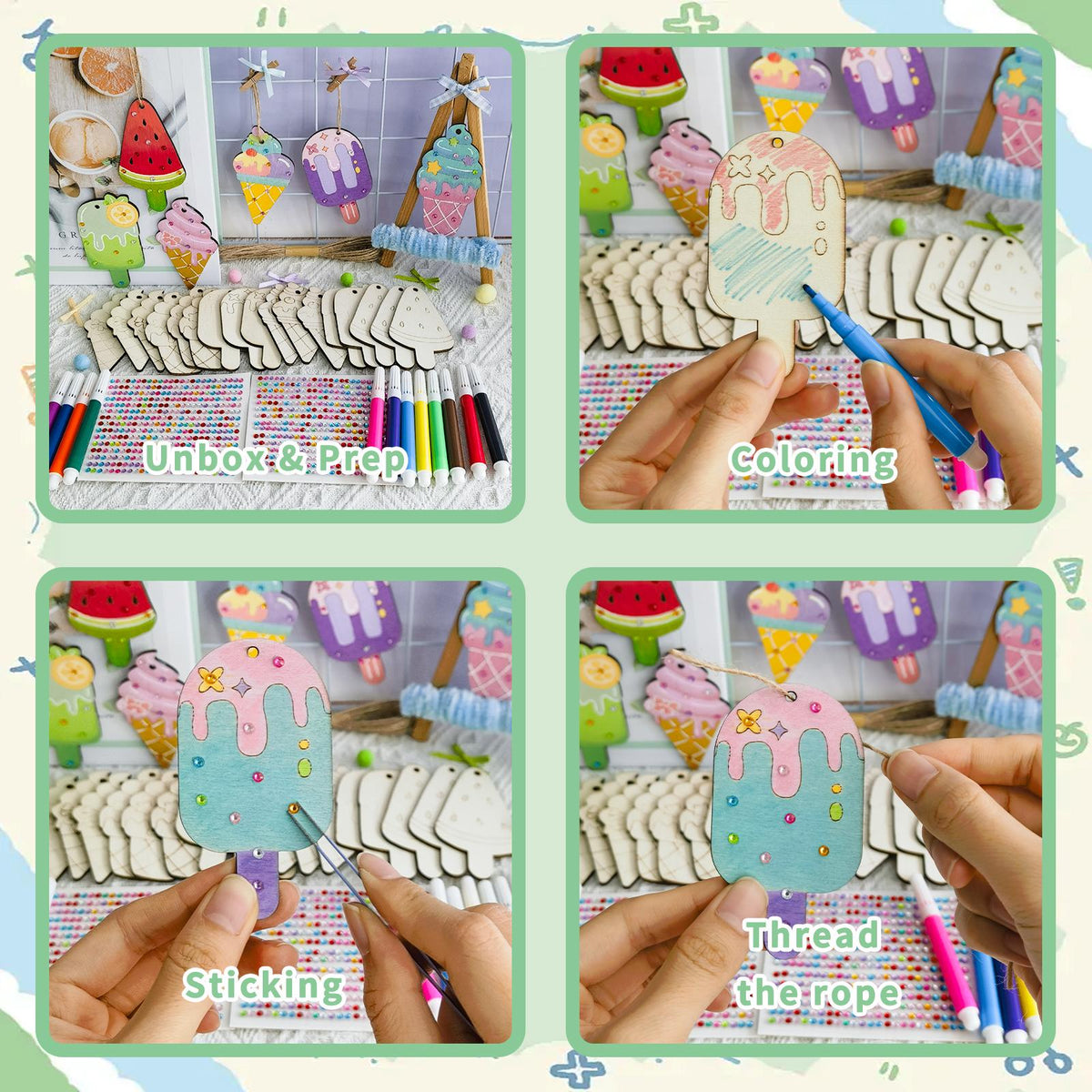39 Pcs Ice Cream Wood Crafts Kit for Kids 24 Unfinished Wood Shapes 12 Markers 2 Gem Stickers Twine DIY Painting Art Set Birthday Party Favors School Sleepover Craft Supplies Ages 3 and Up