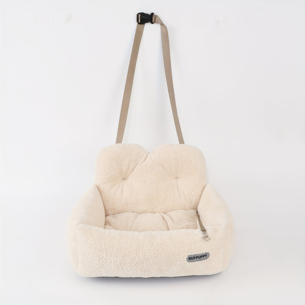 Cozy Plush Dog Car Seat Booster - Safe Portable Polyester Pet Booster Seat for Secure Travel, Soft Dog Bed for Car, S & M Sizes, Beige, Small & Medium Dogs and Cats