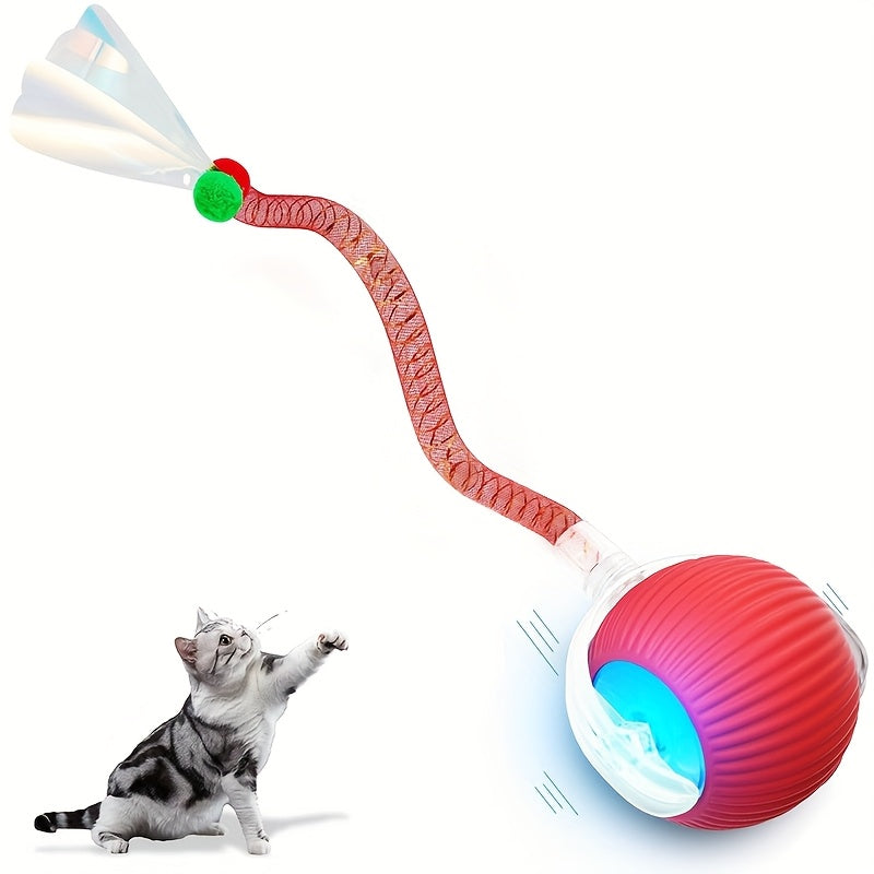 Interactive Cat Ball Toy with Elastic Net Tail, Automatic Moving Electric Ball Toy for Cats - Motion Activated, Obstacle Avoidance, Works on Floors Tiles Carpets, USB Rechargeable Smart Cat Toy