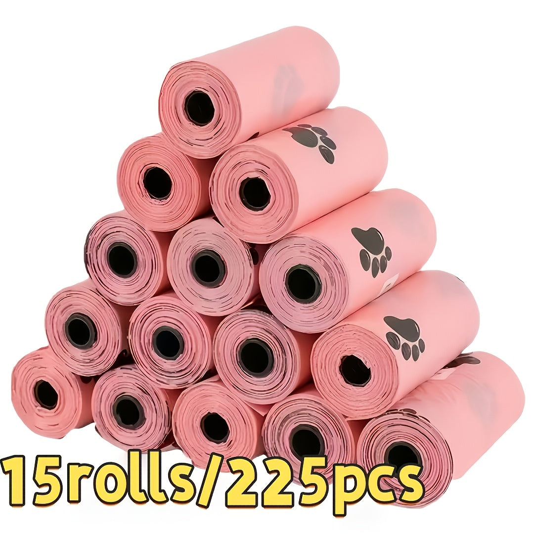 Dog Poop Bags with Paw Print Design – 15 Rolls/225 Count Thickened Leak-Proof Disposable Pet Waste Bags for Dogs & Cats, Easy Tear-Off Rolls, Portable for Walks & Outdoor Cleanup, Pink Cat Paw