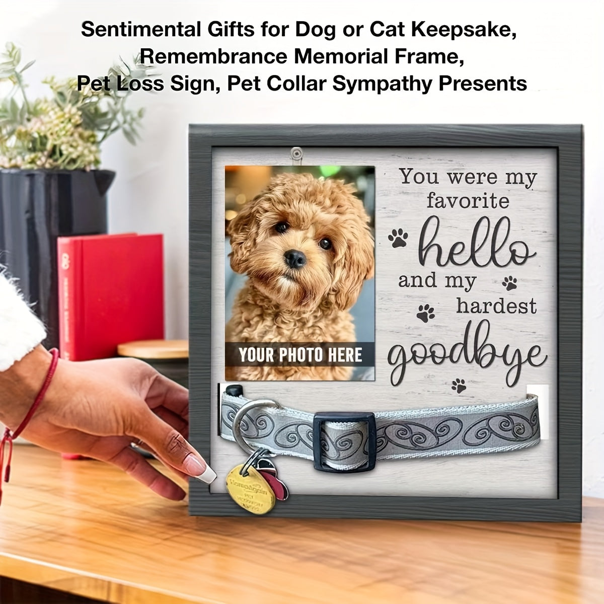 Pet Loss Memorial Wooden Picture Frame with Collar Holder – My Hardest Goodbye Dog & Cat Sympathy Gift, 9x9 Inch Photo Frame Keepsake for Loss of Dog or Cat, 3 Designs Available