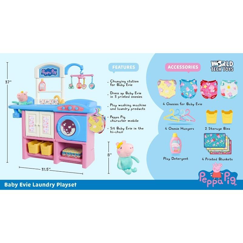 Peppa Pig Baby Evie 2-in-1 Nursery & Laundry Playset for Girls Ages 3+, Includes 8" Baby Evie Plush, High Chair, Play Washing Machine, 3 Outfits & Accessories - Official Licensed Role Play Pretend Toy Gift