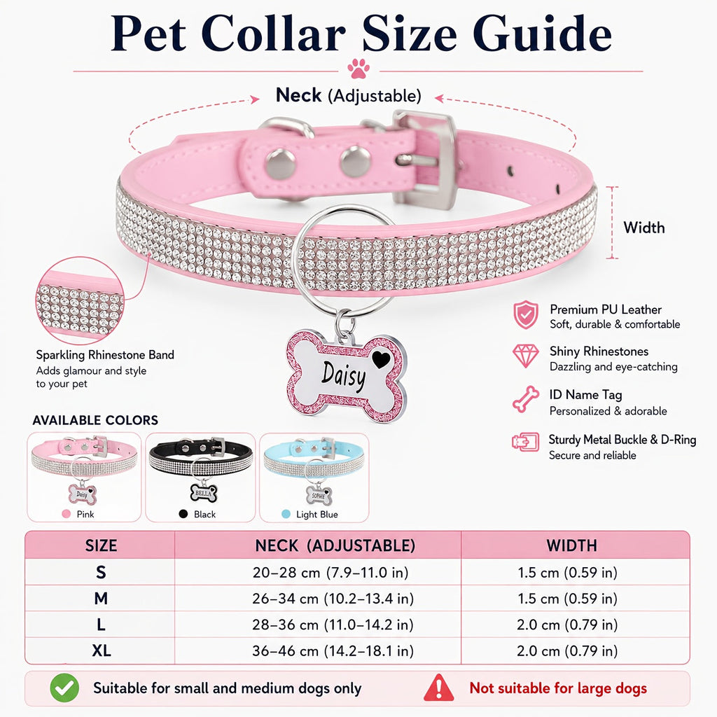 Personalized Pet Collar with Rhinestone Diamond Decoration & Free Engraved ID Tag – Adjustable Anti-Lost Cat & Dog Collar – Japanese Style Bling Collar for Small Medium Dogs & Cats, Multiple Colors & Sizes