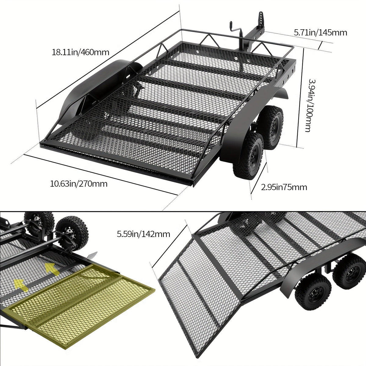 1/10 Scale RC Trailer Kit with Metal Flatbed, Adjustable Hitch & Kinetic Winch Strap – Dual Axle Flatbed Trailer Compatible with TRX4, TRX6, SCX10, Gen7, Gen8 RC Crawlers & Trucks