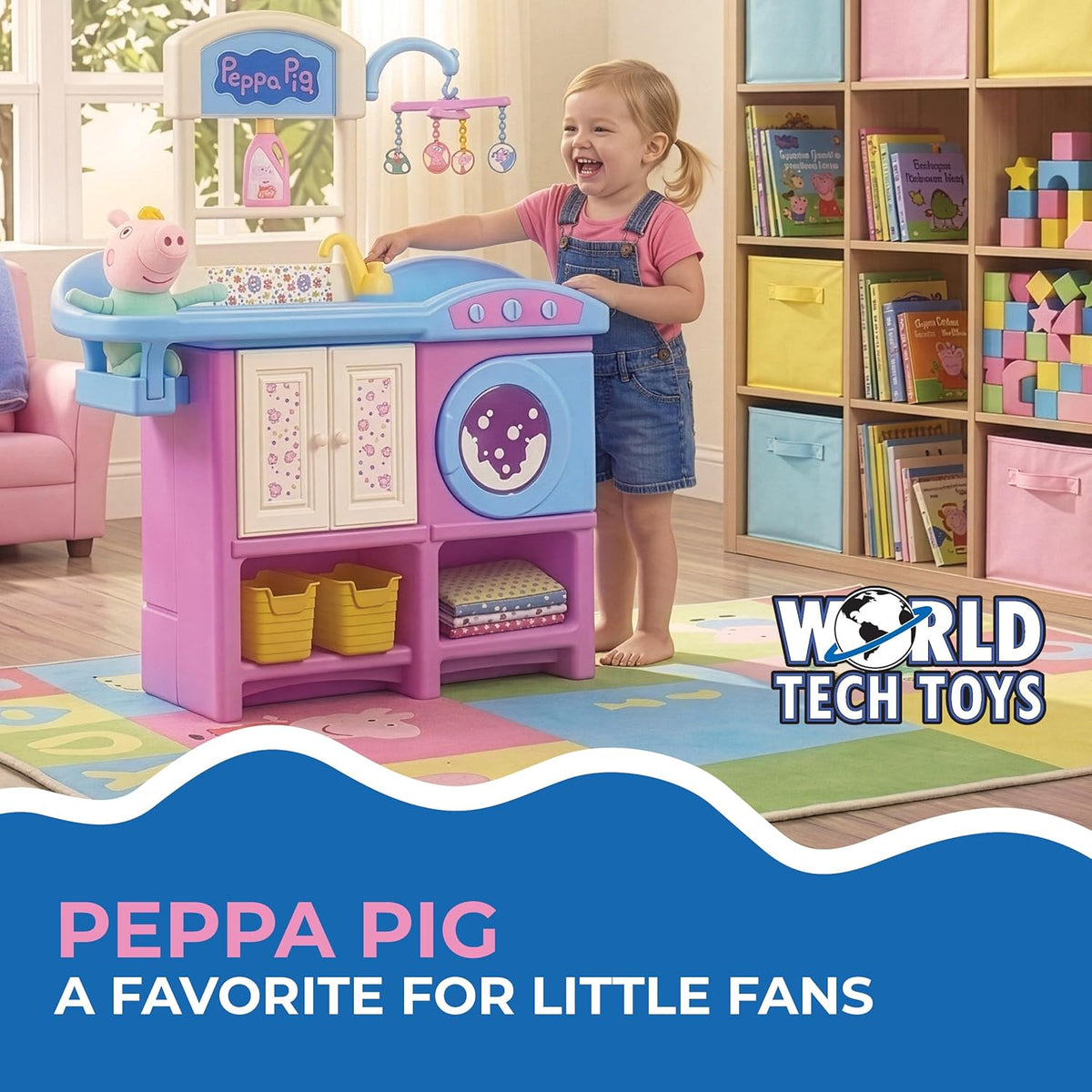 Peppa Pig Baby Evie 2-in-1 Nursery & Laundry Playset for Girls Ages 3+, Includes 8" Baby Evie Plush, High Chair, Play Washing Machine, 3 Outfits & Accessories - Official Licensed Role Play Pretend Toy Gift