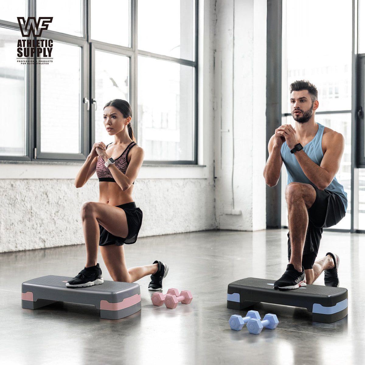 Aerobic Stepper Set with 2 Dumbbells & Measuring Tape – Adjustable Height 4"-6" Non-Slip Exercise Step Platform 550LB Capacity, Home Gym Workout Gift, Blue Green Pink
