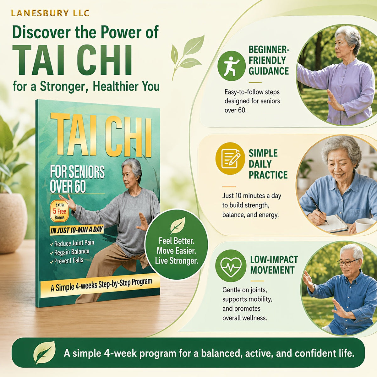 Tai Chi for Seniors Over 60 – Beginner-Friendly Exercise Program for Balance Training, Fall Prevention, Joint Pain Relief, Mobility & Flexibility | Healthy Aging Home Workout Guide for Men & Women