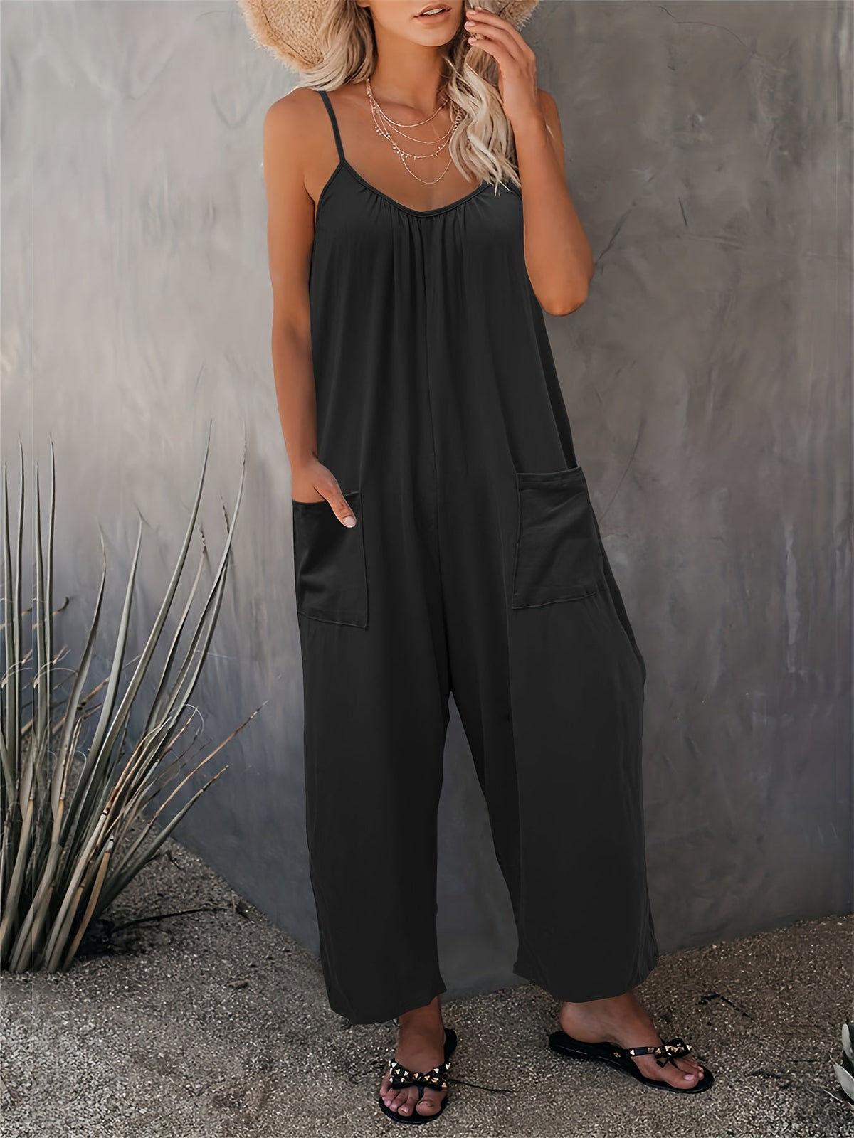 Women's Western Strappy Jumpsuit with Chest Pleats & Patch Pockets - Casual Long Pants Romper All Season Summer Vacation Fashion