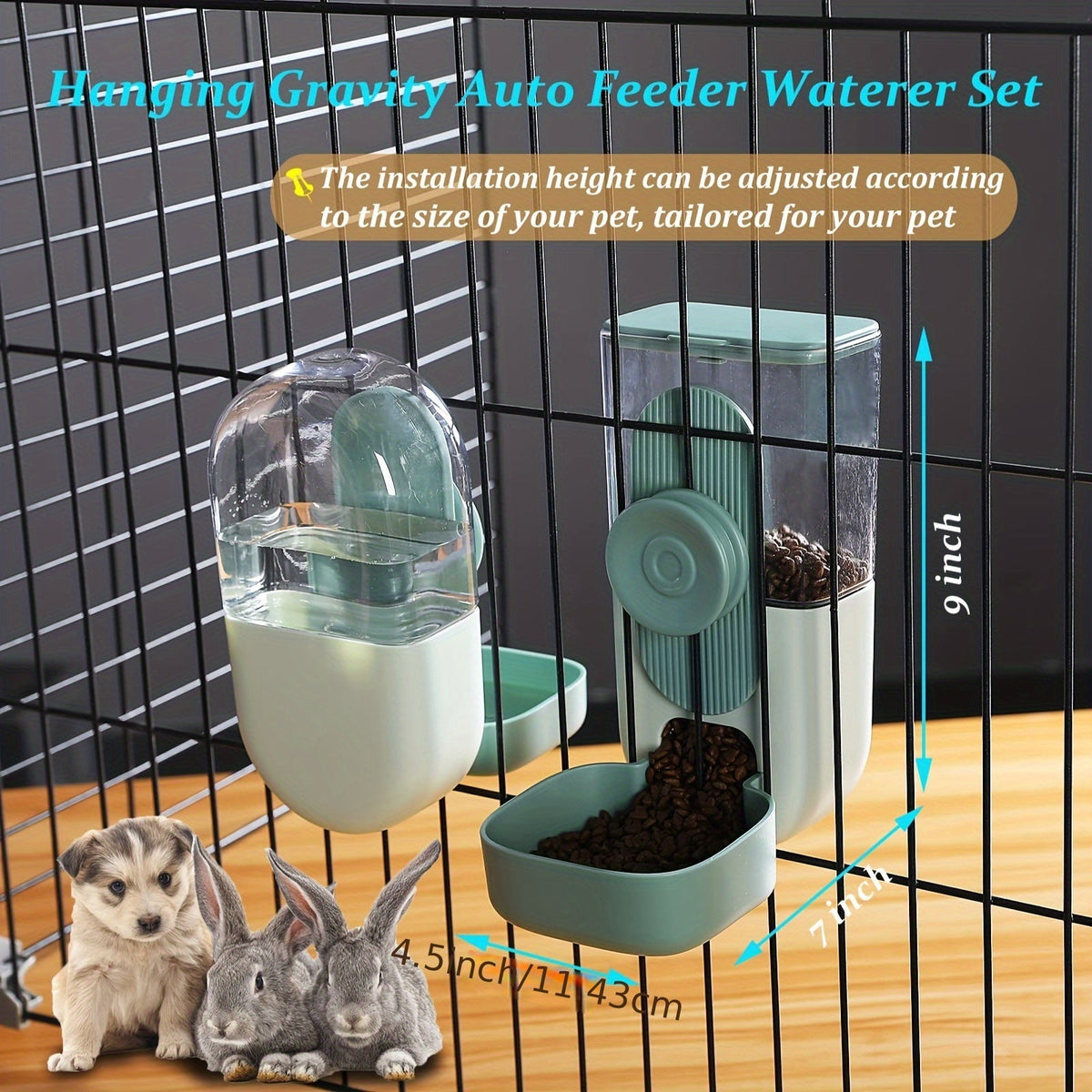 Hanging Cage Pet Feeder & Waterer Set 35oz - Auto Gravity Food & Water Dispenser for Cats Dogs Rabbits Chinchillas Ferrets Hedgehogs - Battery-Free Cage Mount Feeding Station for Small Animals (Green)