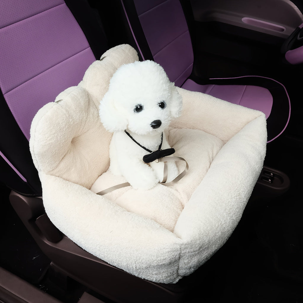Cozy Plush Dog Car Seat Booster - Safe Portable Polyester Pet Booster Seat for Secure Travel, Soft Dog Bed for Car, S & M Sizes, Beige, Small & Medium Dogs and Cats