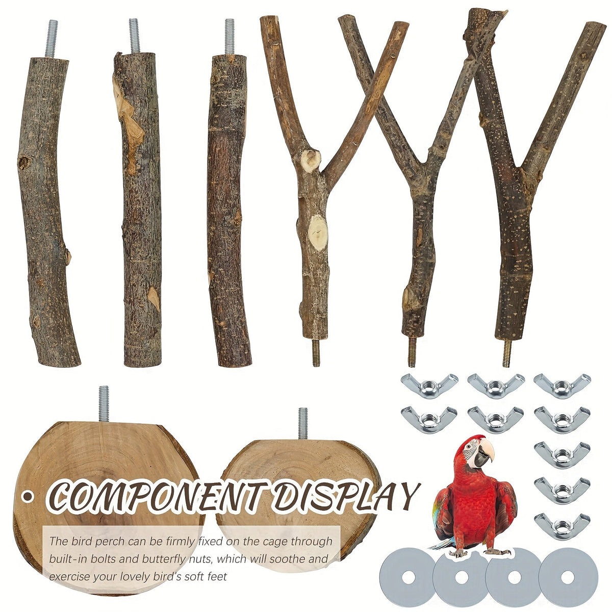 Apple Branch Bird Perch Set 8pcs Natural Wood Parrot Perch Stand Fork Multi-Branch Hanging Platform Hammock Swing Toy for Macaws Conures Parakeets Budgies Finches