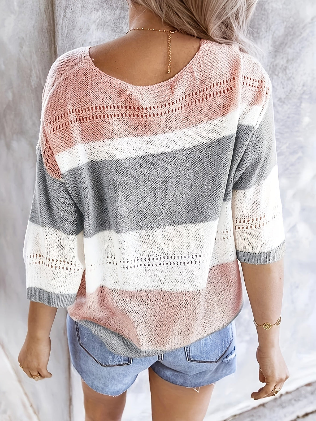 Women's V-Neck Hollow Out Off Shoulder Top Colorblock Stripe Knit Shirt - Casual Summer Blouse for Daily Wear Beach Vacation