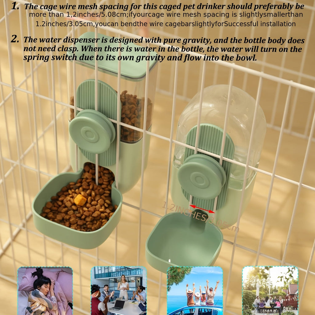 Hanging Cage Pet Feeder & Waterer Set 35oz - Auto Gravity Food & Water Dispenser for Cats Dogs Rabbits Chinchillas Ferrets Hedgehogs - Battery-Free Cage Mount Feeding Station for Small Animals (Green)