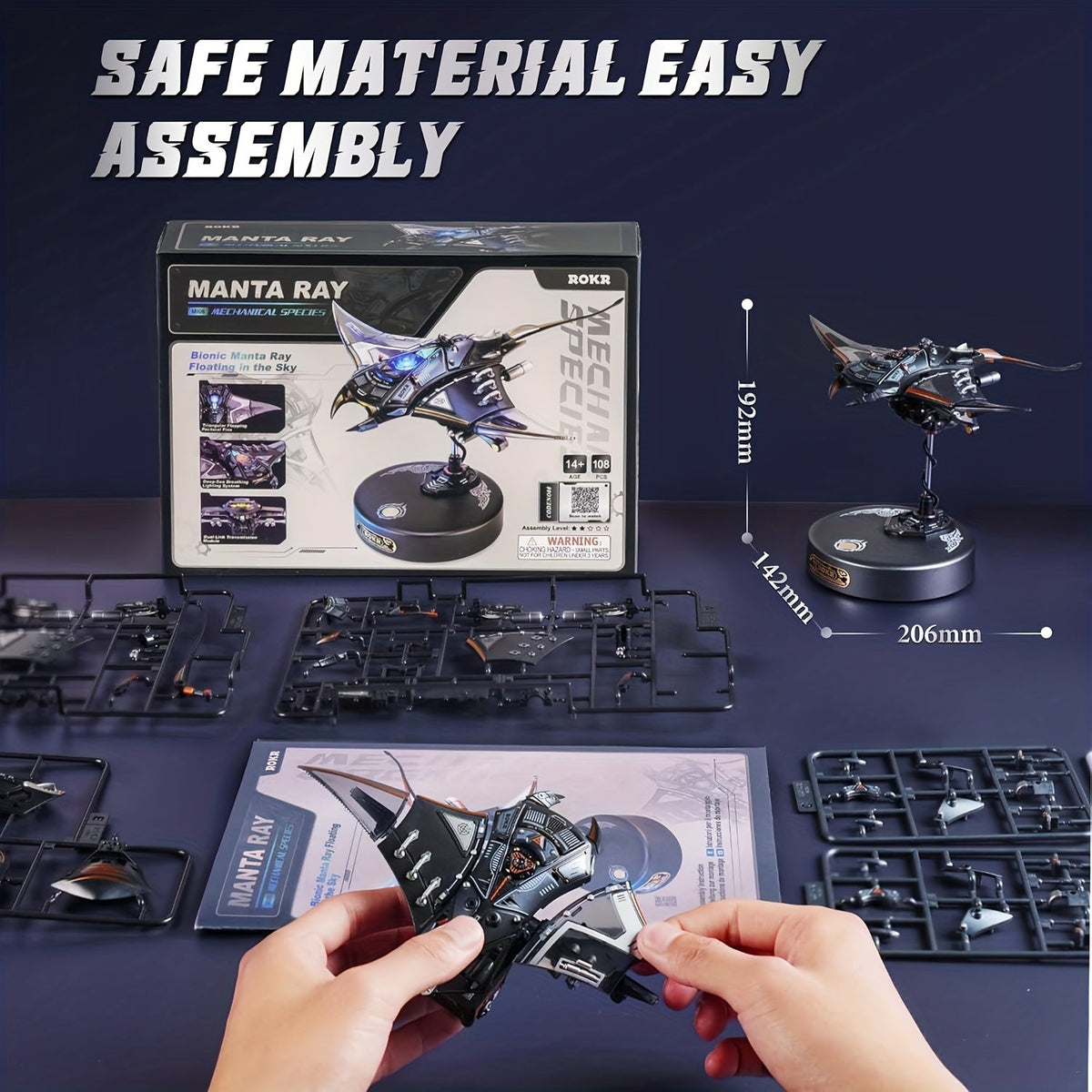 ROBOTIME 3D Metal Puzzle Manta Ray Mechanical Model Kit MI06 DIY Assembly Engineering Gift for Adults Teens 14+ Home Office Desk Decor Display