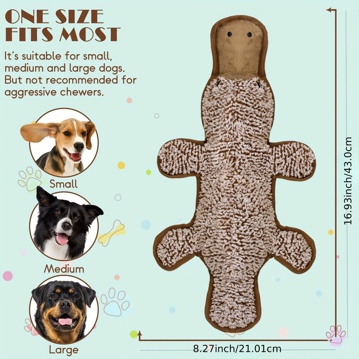 Crinkle Platypus Dog Toy – No Stuffing Soft Squeaker Plush Chew Toy for Small and Medium Breeds, No-Mess Indoor Puppy Toy for Puppies and Senior Dogs, Safe Lightweight Play Toy Without Battery, Brown