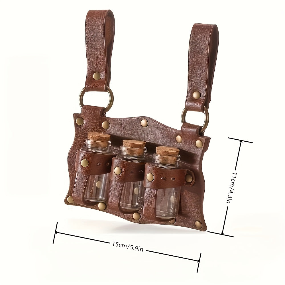 Viking Medieval Waist Bag Set 5 Piece Faux Leather Pouch with Glass Vials Buckles Straps Vintage Costume Accessory for Halloween Cosplay Renaissance Faire LARP Role Playing Black Brown