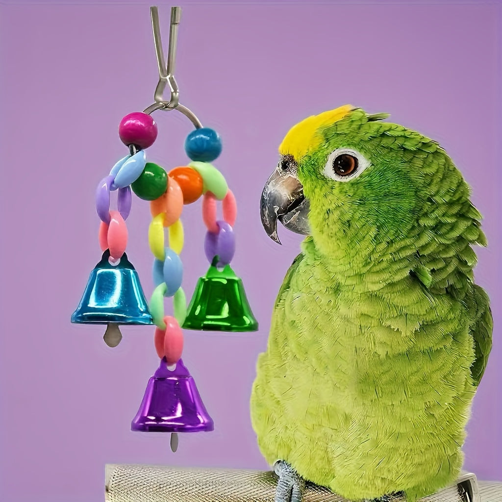 Parrot Colorful Bead & Bell String Chew Toy - Interactive Bird Foraging Chain Toy for Boredom Relief & Intelligence Development - Bird Cage Toy for Parrots Parakeets Cockatiels Budgies Random Color