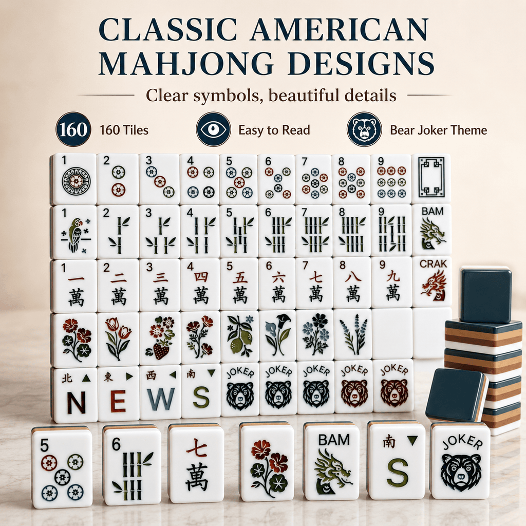 American Mahjong Set 160 Tiles with 4 Dice - Black Bear Theme Acrylic Tiles, 4-Layer Color Design, Easy-Read Tabletop Board Game for Family Gatherings & Parties | Fun Holiday Gift for Adults