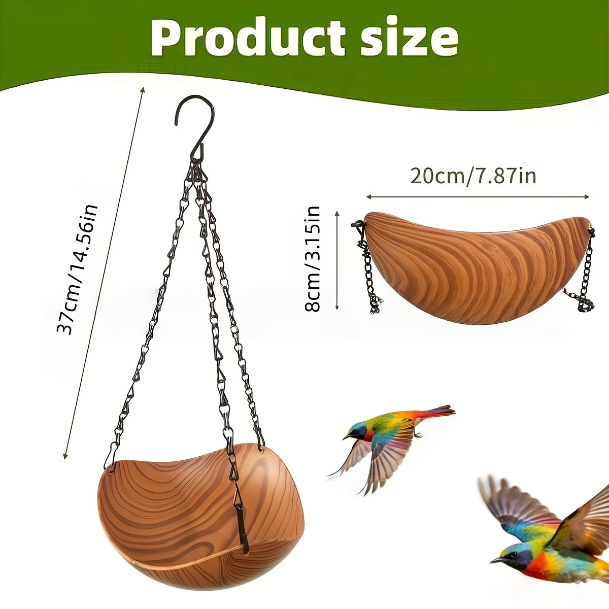 Hanging Bird Feeder and Water Bath 2 Pack - Bowl-Shaped 1-Tier Feeder with Wood Grain Appearance, Thickened Metal Chain & Stable Hook, Spacious Outdoor Garden Bird Feeder for Wild Birds