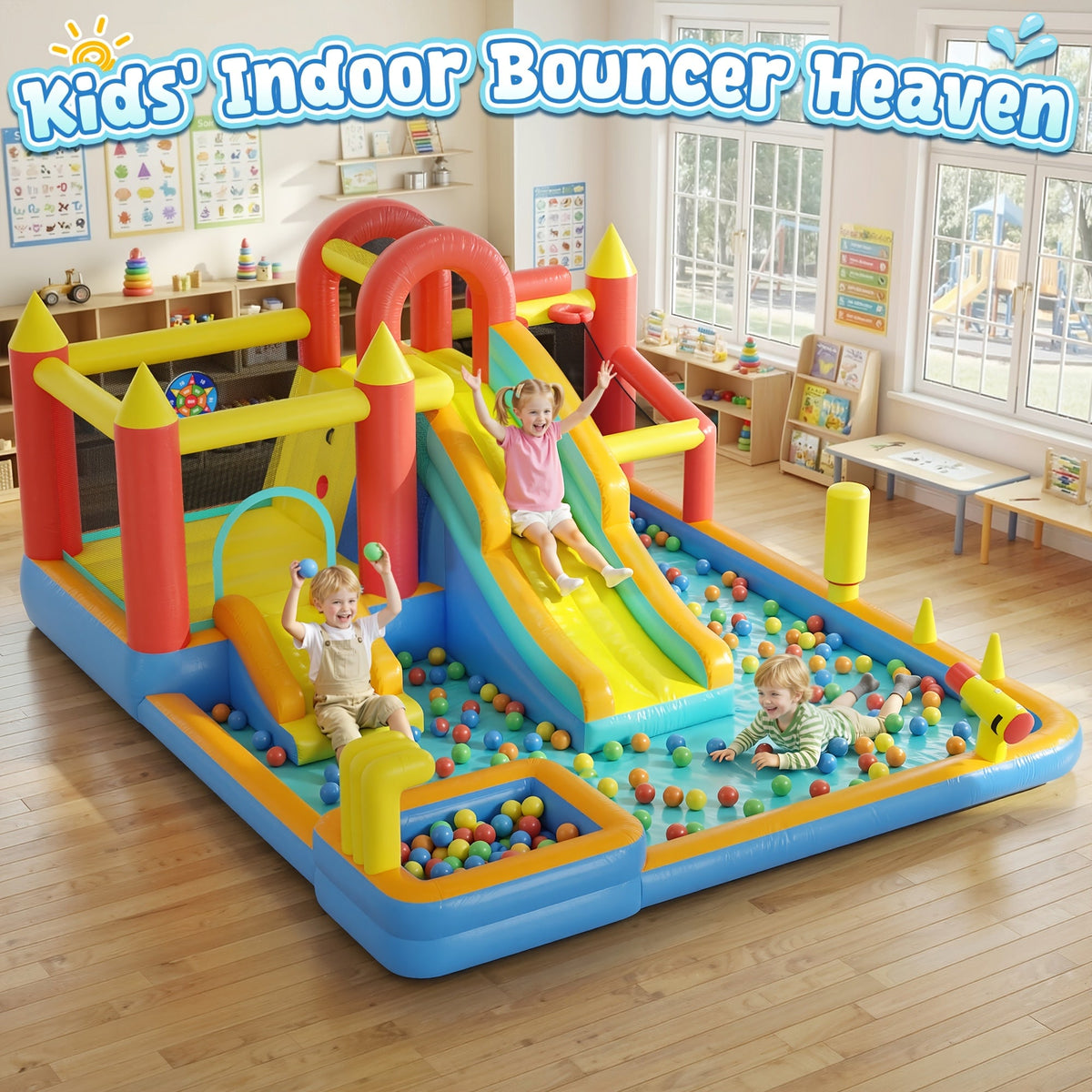 13-in-1 Inflatable Water Bounce House with 550W Blower, Dual Slides, Splash Pool, Water Cannon, Climbing Wall, Basketball Hoop, Fishing & Ring Toss - Kids Backyard Water Park Jumping Castle for Summer
