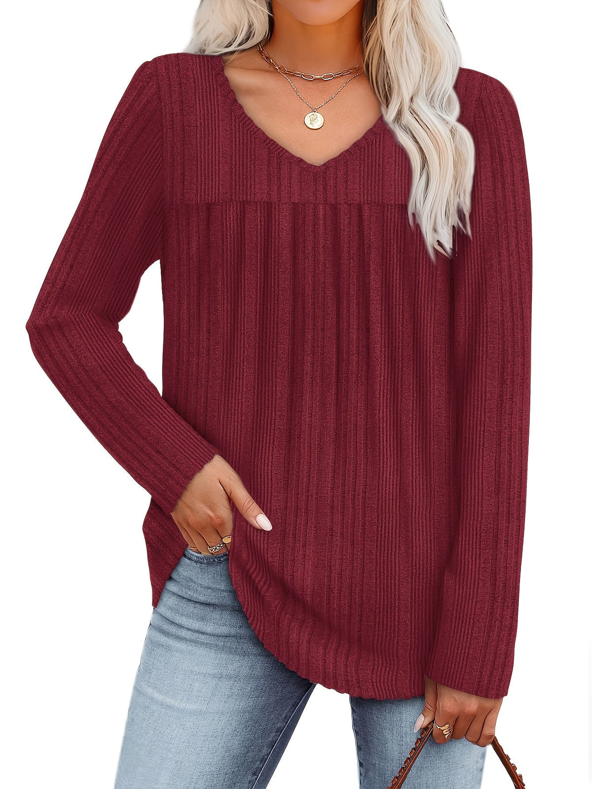 Women's V-Neck Long Sleeve Pullover Top – Lightweight Casual Front Pleat Blouse for Women, Elegant Loose Fit Dressy Shirt, Multiple Colors, Sizes S-XXL