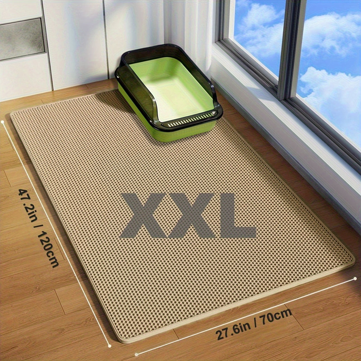 Extra Large Double-Layer Cat Litter Mat XXL 47.2x27.6 Inch - Anti-Splash Leak-Proof EVA Material, Non-Slip Washable Odor-Resistant Litter Trapping Mat for Litter Boxes, Beige