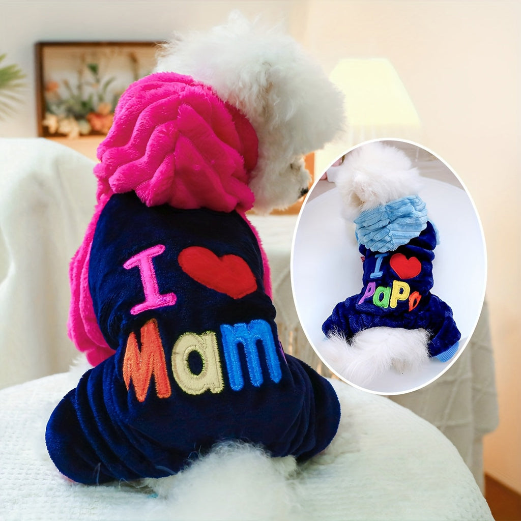I Love Mommy Dog Hoodie, Warm Winter Pet Costume Outfit for Small Dogs & Cats, Cute Four-Legged Sweatshirt for Autumn & Winter, Dog Transformation Hoodie Apparel XXS to L