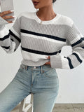 Striped Color Block Drop Shoulder Cropped Sweater Women Fall Winter Loose Fit Knit Pullover Round Neck Long Sleeve Top S-XL