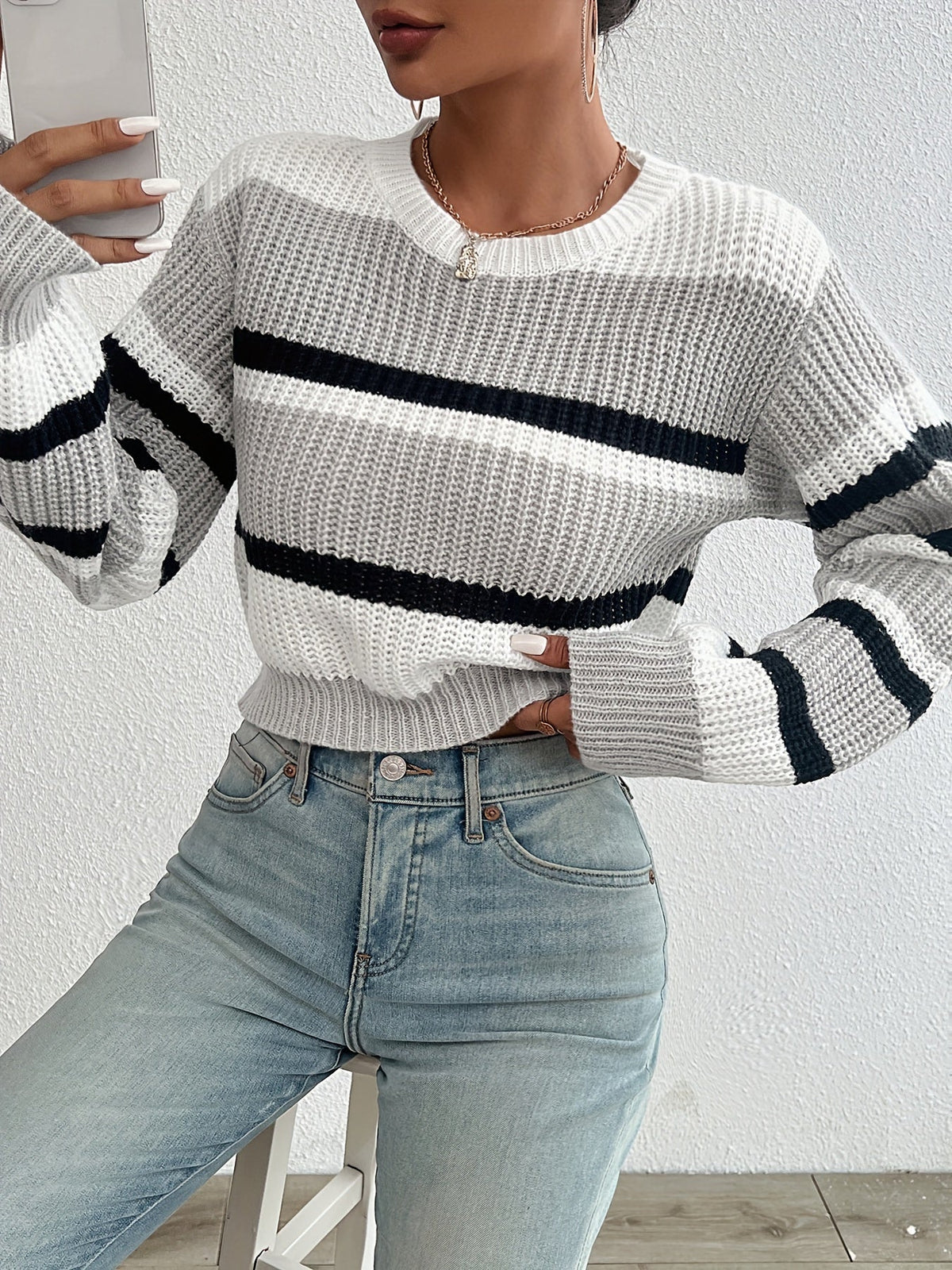 Striped Color Block Drop Shoulder Cropped Sweater Women Fall Winter Loose Fit Knit Pullover Round Neck Long Sleeve Top S-XL