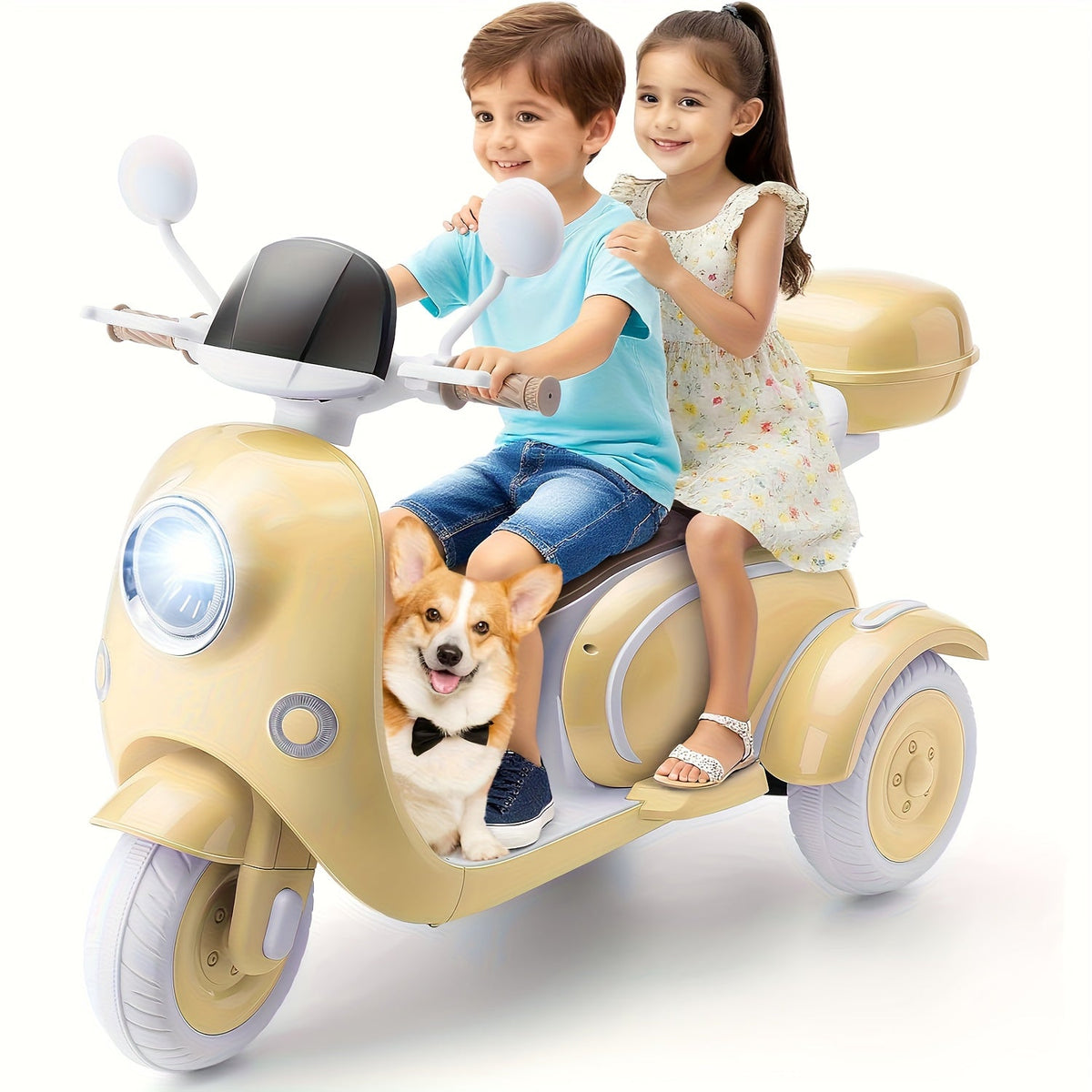 12V Kids Ride-On Motorcycle 3-Wheel Moped 2-Seater Electric Car with Dual Motor, Horn, LED Lights, Large Storage Box – Battery Powered Bike for Boys Girls Ages 3-8, Best Christmas Birthday Gift