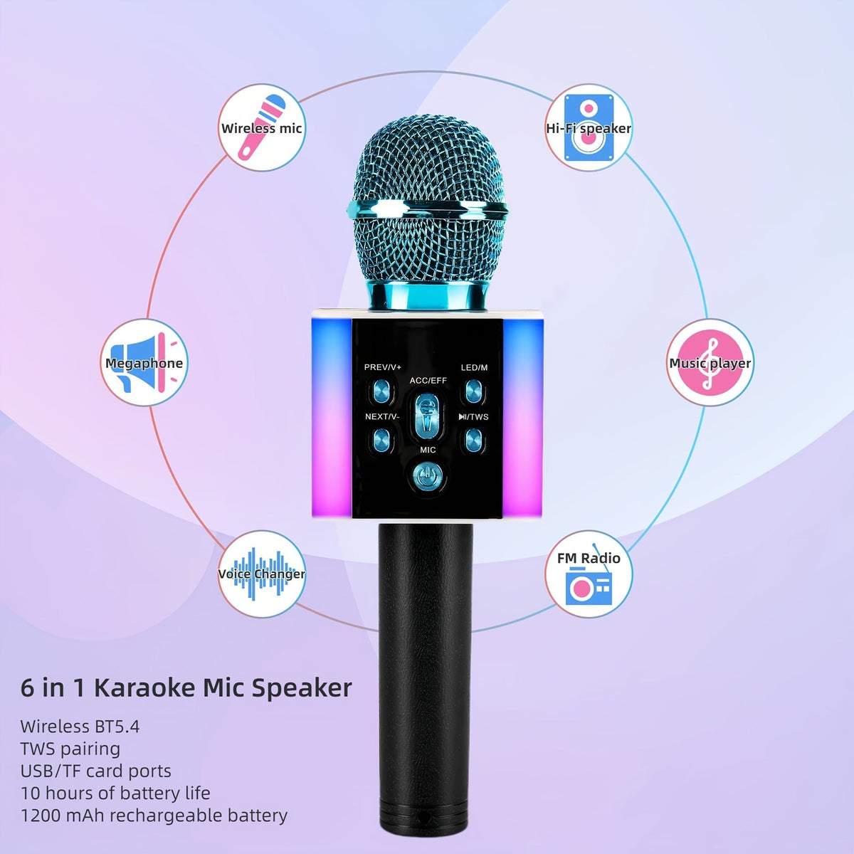 5-in-1 Wireless Karaoke Microphone with Built-In Speaker, LED Lights & Voice Changer – Portable Bluetooth Singing Mic for Parties, Family Gatherings, Travel & Outdoor Fun, 10 Colors