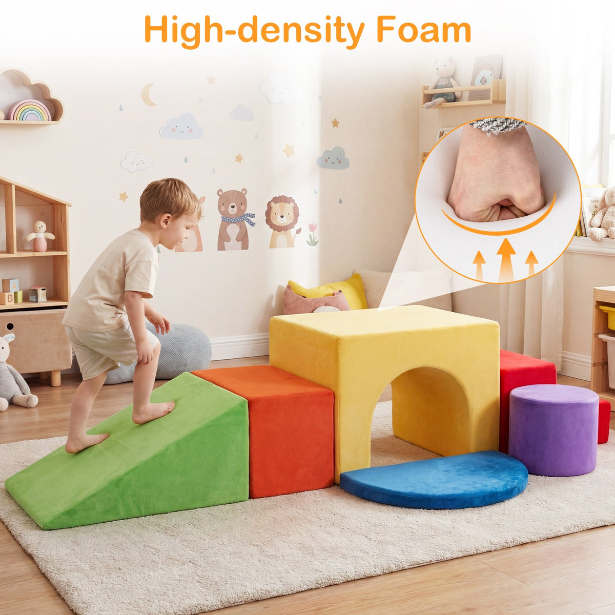Foam Climbing Blocks for Toddlers 6-Piece Set - Soft Velvet Indoor Climb & Crawl Activity Playset with Slide, Arch, Tunnel & Stairs | Lightweight Stackable Sensory Play Structures for Kids Ages 3+
