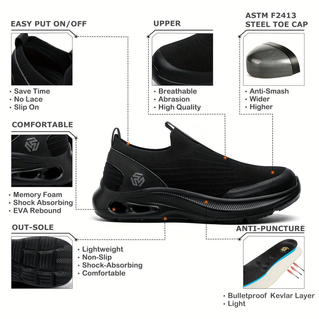 Steel Toe Work Shoes for Men Slip-On Lightweight Safety Sneakers Puncture-Resistant Non-Slip Loafers Black Grey Blue Sizes US 5.5-14