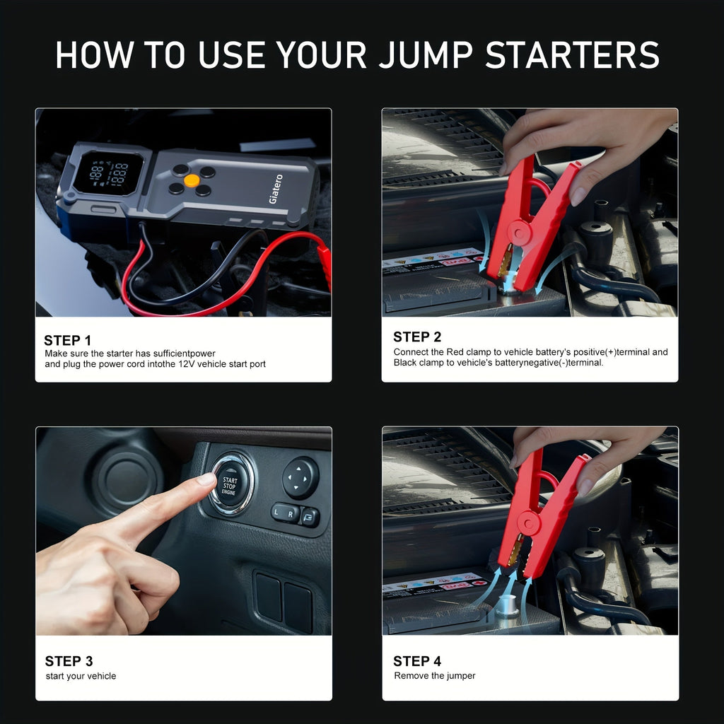 10000A Jump Starter with Air Compressor 160 PSI, Portable Car Battery Jump Starter Pack for Gas & Diesel Engines, USB-C QC 3.0 Fast Charge, Large Display, 3-Mode LED Flashlight, Jumper Cables Included – Giatero Q27