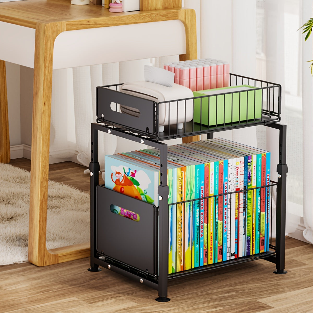 Under Sink Organizer 2-Tier Pull-Out Cabinet Shelf with Adjustable Height, Sturdy Carbon Steel Kitchen Storage Rack, Space-Saving Bathroom & Pantry Cabinet Organizer for Kitchen Organization