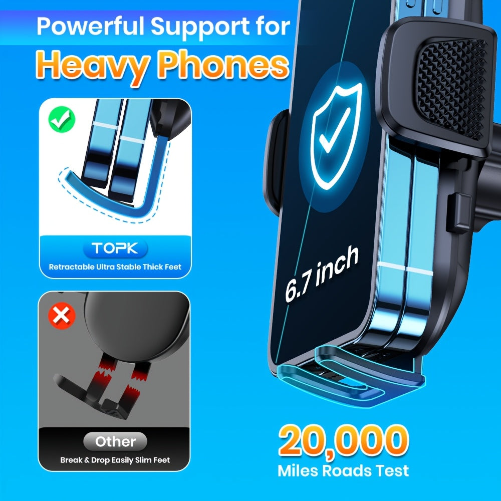 TOPK Upgraded Car Phone Holder Dashboard Mount Universal Hands-Free Cell Phone Car Mount for iPhone 17 16 15 Samsung Galaxy and All Android Smartphones Secure Dash Mount Black