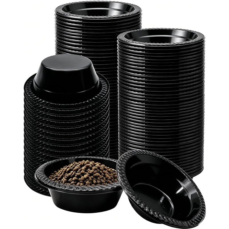 Disposable Pet Bowls 50-Pack 12oz – Round Black Plastic Bowls for Small & Medium Dogs, Travel, Shelter, Kennel, Outdoor & Emergency Feeding, Stackable Hygienic Single-Use