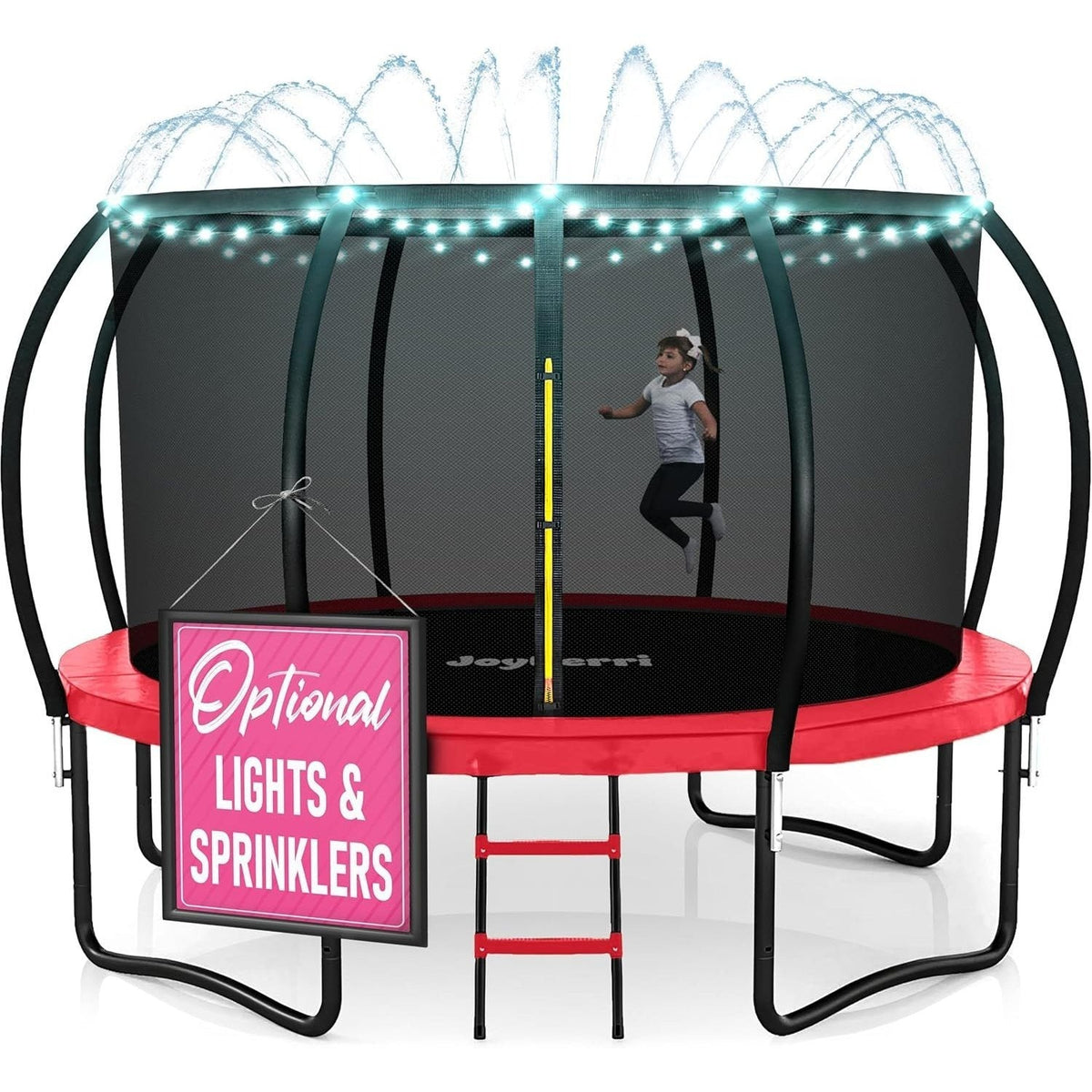 JoyBerri Outdoor Trampoline with Enclosure Net - 8FT to 16FT Backyard Trampoline for Kids & Adults, Heavy Duty Anti-Rust Frame, LED Lights, Sprinkler & Ladder Included | Family Fitness Fun Gift