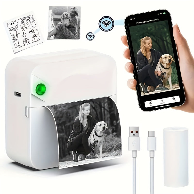 Portable Wireless Bluetooth Thermal Printer Mini Pocket Printer Ink-Free for Smartphones Photos Notes Stickers Diaries Memos Includes Thermal Paper Roll