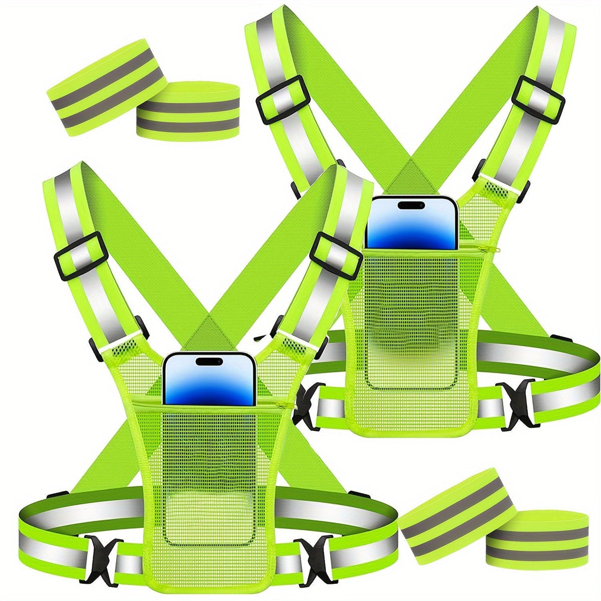 Reflective Running Vest 2-Pack with Phone Holder & 2 Reflective Bracelets – High Visibility Safety Gear for Men Women Jogging Dog Walking Cycling