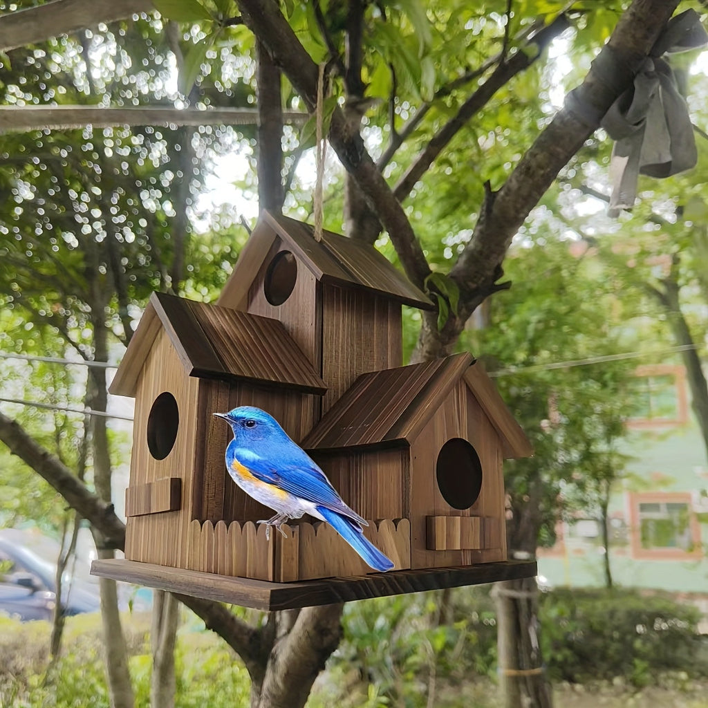 Outdoor Wooden Bird Nest 3-Room Rustic Natural Wood Wild Bird House for Garden Backyard Patio – Handcrafted Bird Nesting Box for Small Wild Birds Wildlife Habitat Decor