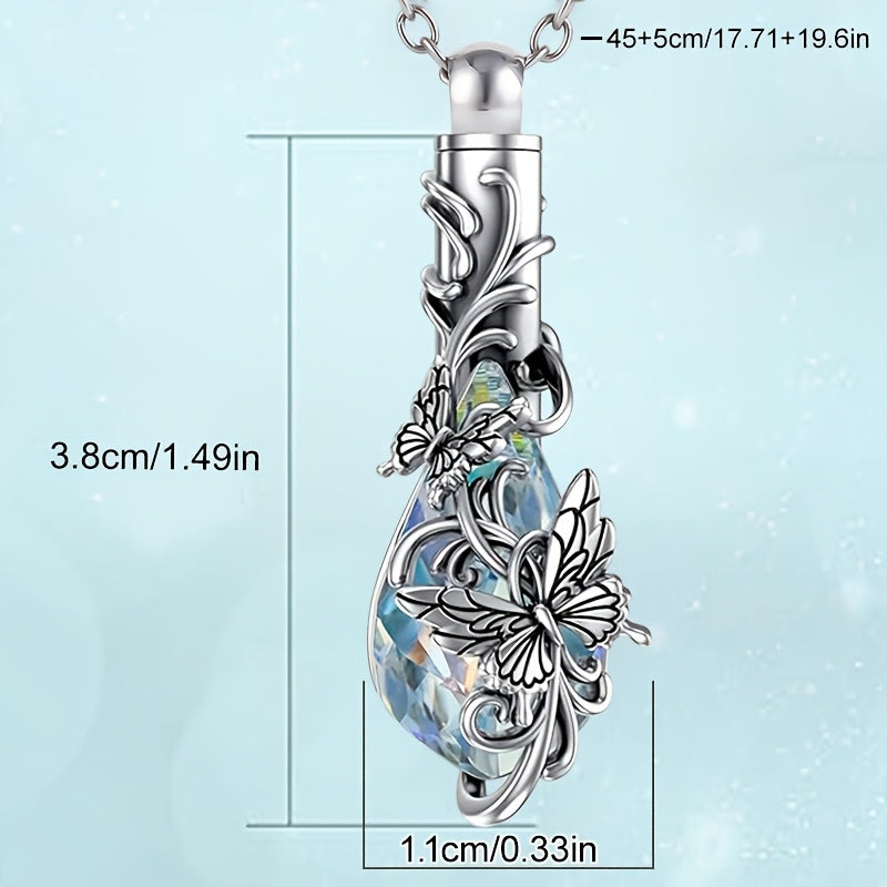 Butterfly Crystal Urn Necklace for Ashes - Teardrop Cremation Pendant Holder for Women, Animal Memorial Jewelry for Pet & Human Loss, Elegant Silver Keepsake Necklace (Silvery)